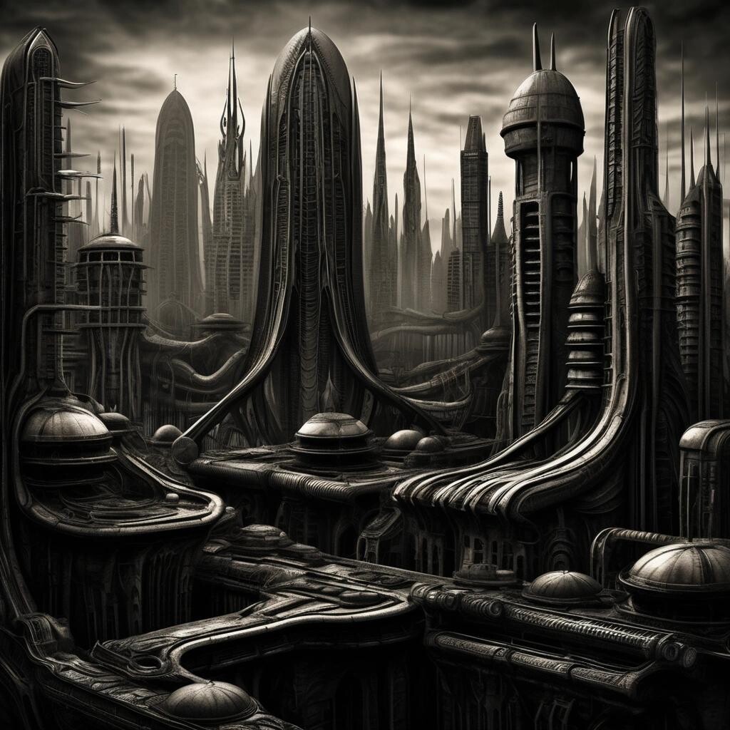 Image with seed 3159099005 generated via Stable Diffusion through @stablehorde@sigmoid.social. Prompt: a City Skyline in the style of H.R. Giger.