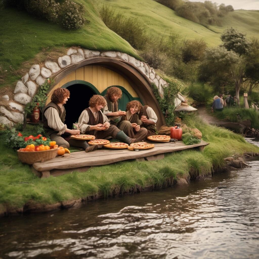 Image with seed 570304109 generated via Stable Diffusion through @stablehorde@sigmoid.social. Prompt: hobbits eating a vegetarian pizza in The Shire near The Water