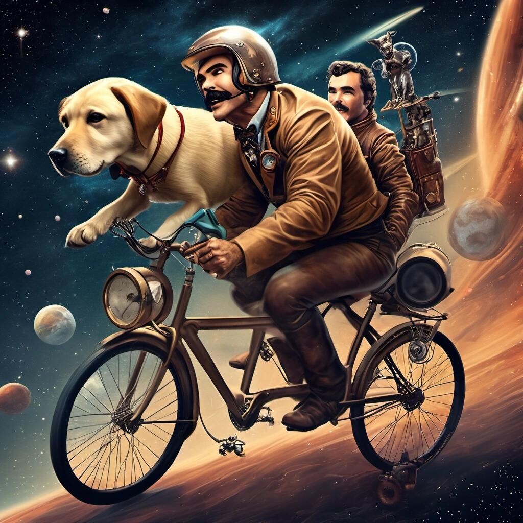 Image with seed 1704345718 generated via Stable Diffusion through @stablehorde@sigmoid.social. Prompt: a picture of Burt Reynolds and a Labrador retriever riding a 2 person bicycle, in space. Steam punk style.