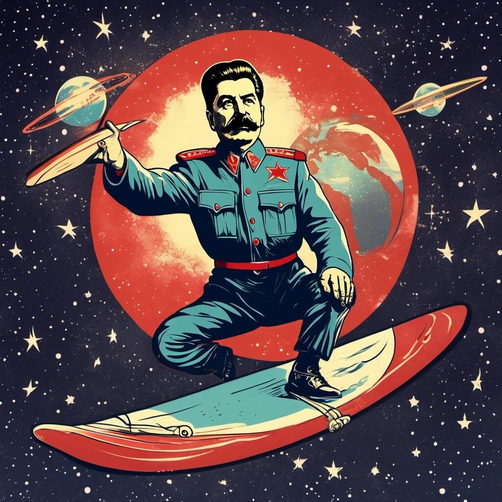 featured: a picture of Joseph Stalin on a surfboard, in outer space ...