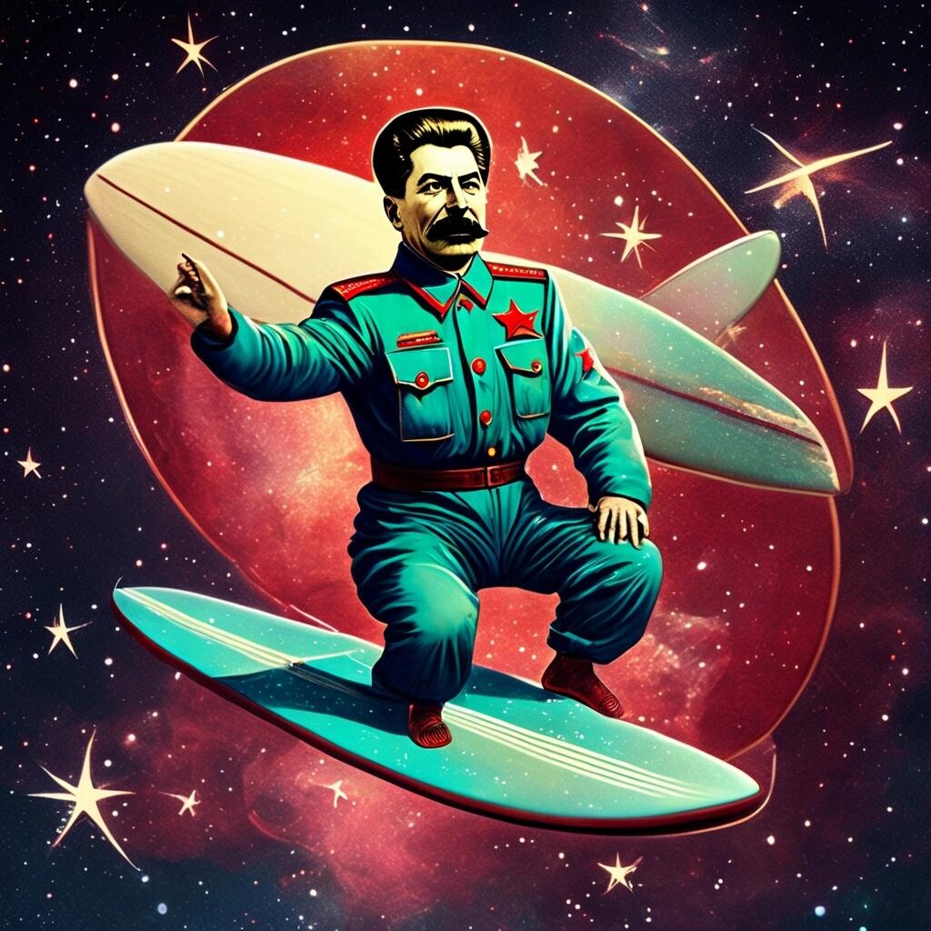 featured: a picture of Joseph Stalin on a surfboard, in outer space ...