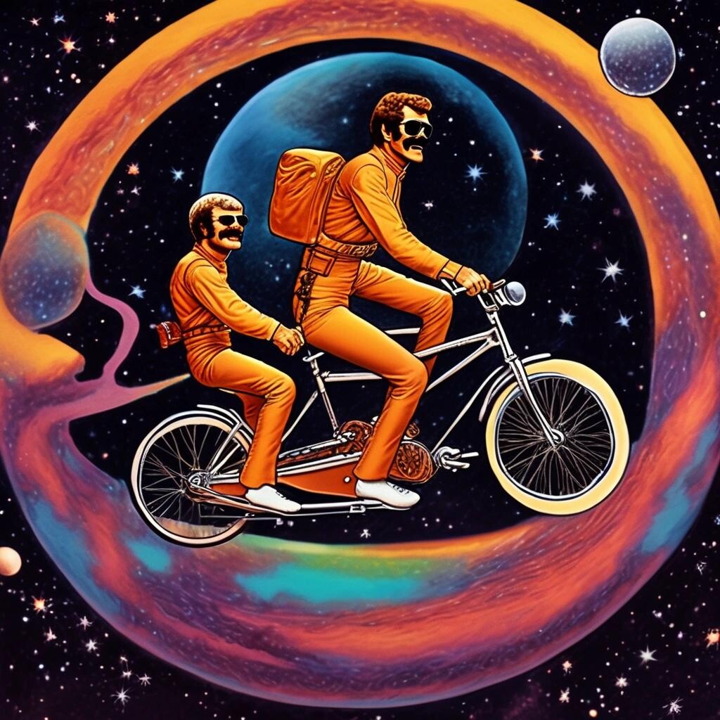 Image with seed 1818608501 generated via Stable Diffusion through @stablehorde@sigmoid.social. Prompt: a picture of Burt reynolds and Jerry Reed riding a 2 person bicycle, in outerspace. Psychedelic style.