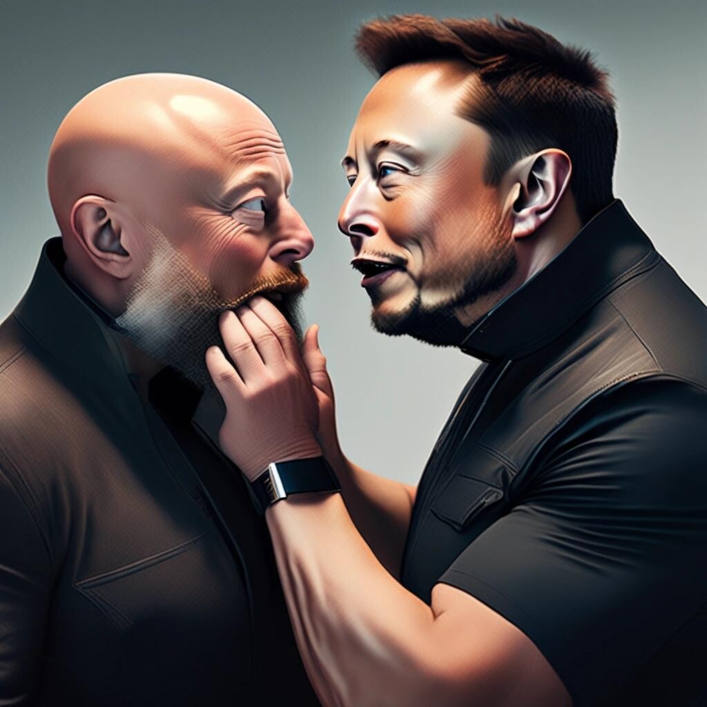 Image with seed 2687406041 generated via Stable Diffusion through @stablehorde@sigmoid.social. Prompt: Elon Musk covering a bald man with a Beard's mouth with his hand.