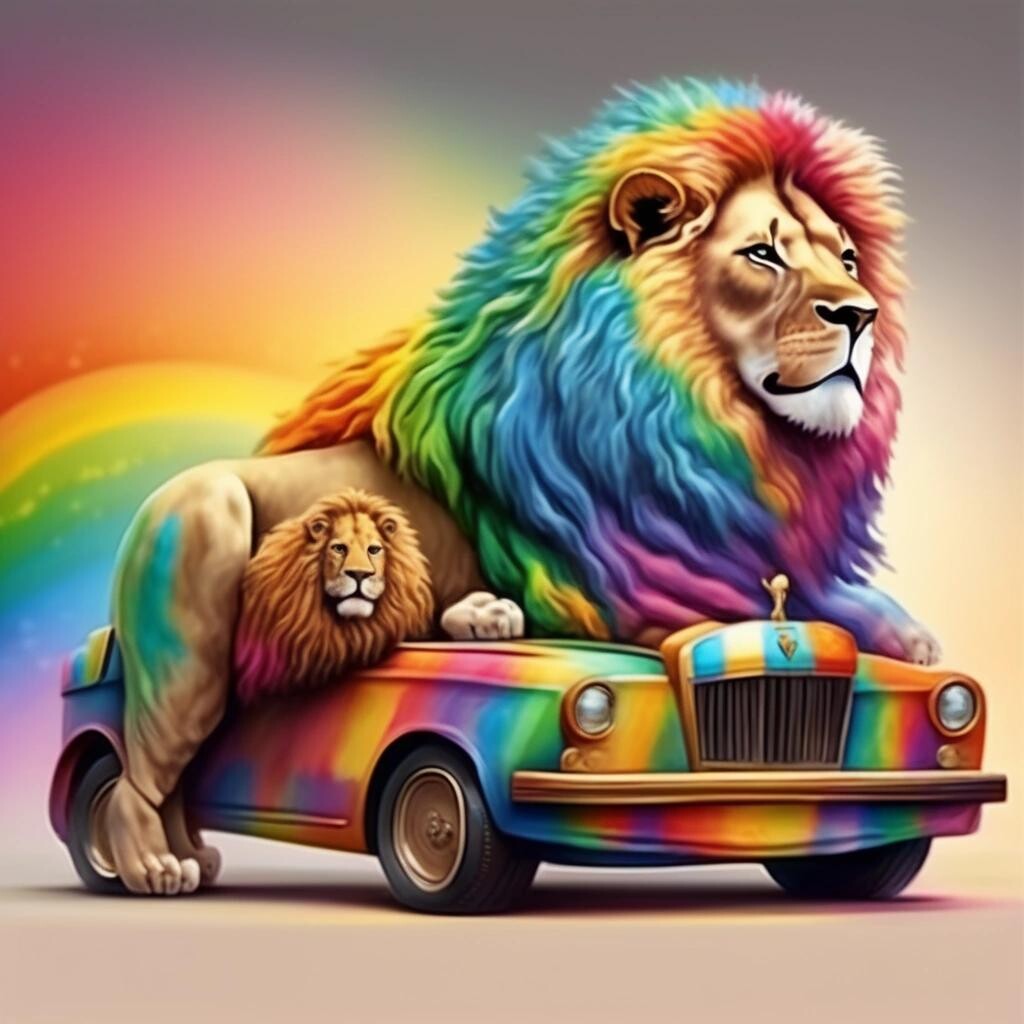 Image with seed 557183564 generated via Stable Diffusion through @stablehorde@sigmoid.social. Prompt: a realistic lion with rainbow colours riding car