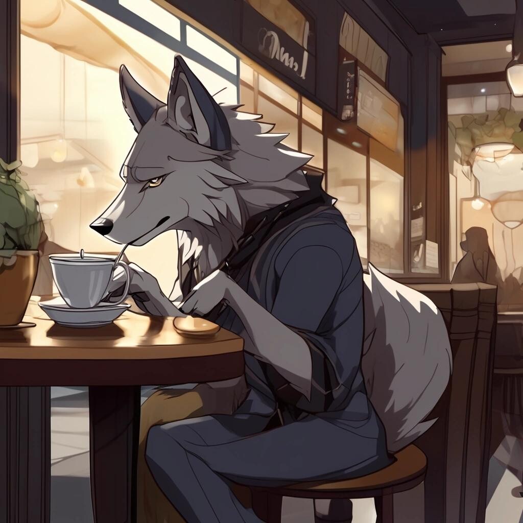 Image with seed 4134206128 generated via Stable Diffusion through @stablehorde@sigmoid.social. Prompt: an anthro wolf drinking tea in a cafe.