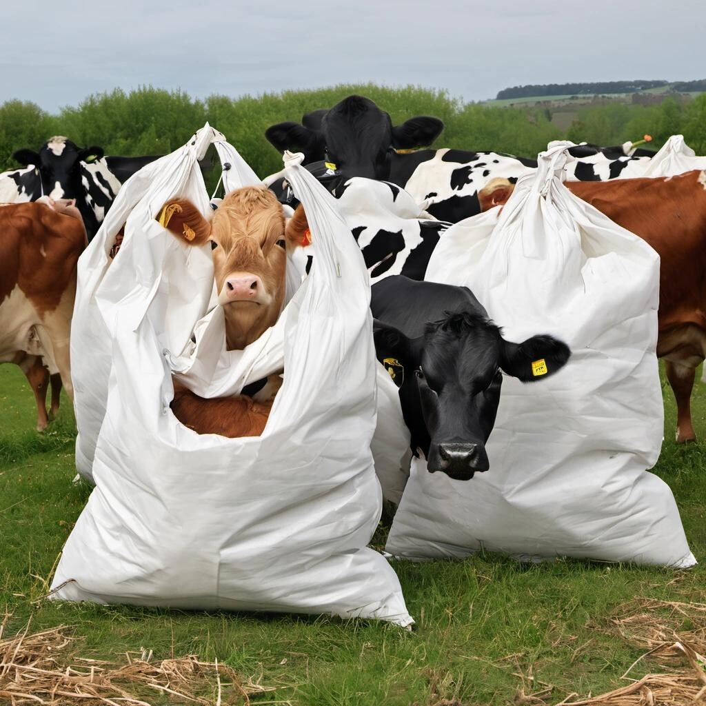 Image with seed 905841512 generated via Stable Diffusion through @stablehorde@sigmoid.social. Prompt: cows in bags