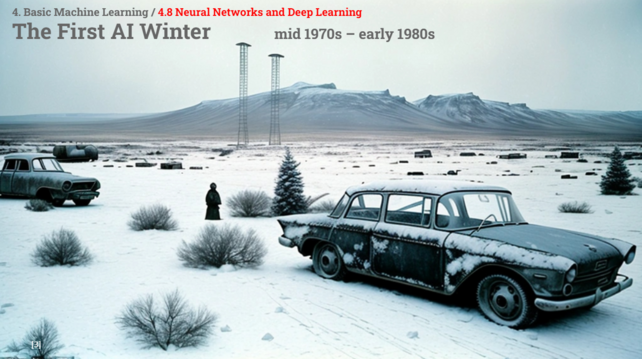 Slide from Information Service Engineering lecture 12, Basic Machine Learning 3, on Neural Networks and Deep Learning. The slide is depicting "The First AI WInter" from mid 1970s to early 1980s...created via ArtBot, showing a desolate empty post apocalyptic winter landscape with some deserted 1960s cars covered with some snow.