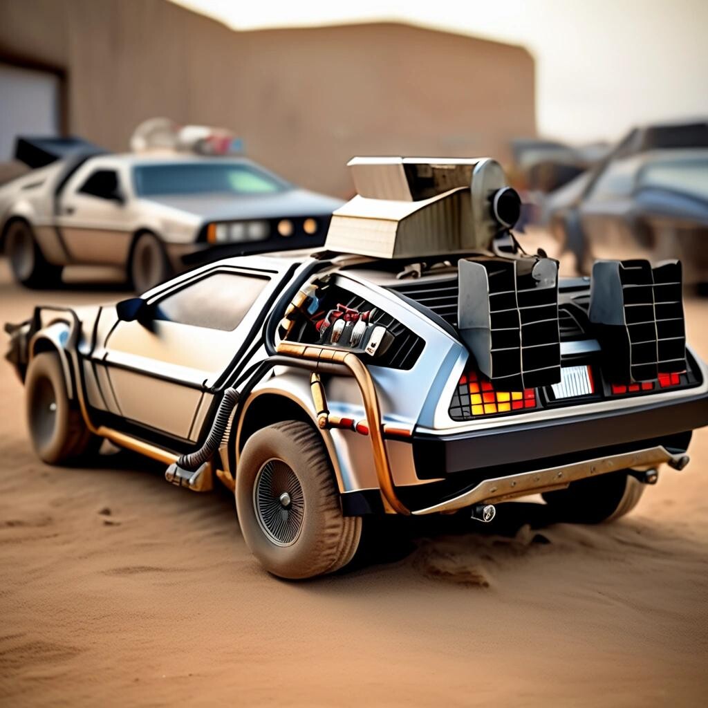 Image with seed 3139249631 generated via Stable Diffusion through @stablehorde@sigmoid.social. Prompt: the delorean from back to the future on the style of mad max