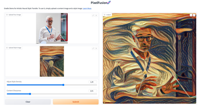Trying out the huggingface demo for style transfer on a portrait picture of myself (while giving a presentation) in the style of Edvard Much's "The Scream".