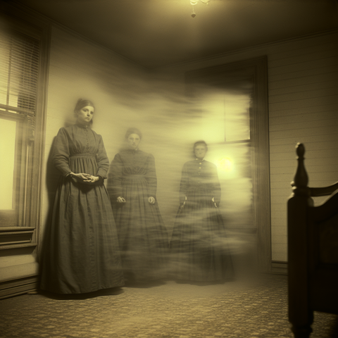 Three women standing in a room, two of them enveloped in a strange mist