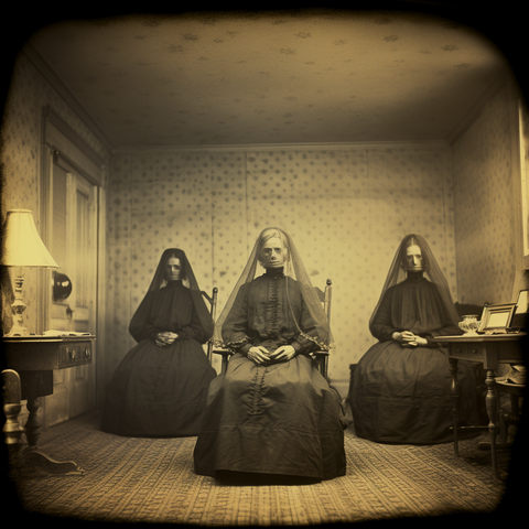 Three women in mourning clothing sit in a small room