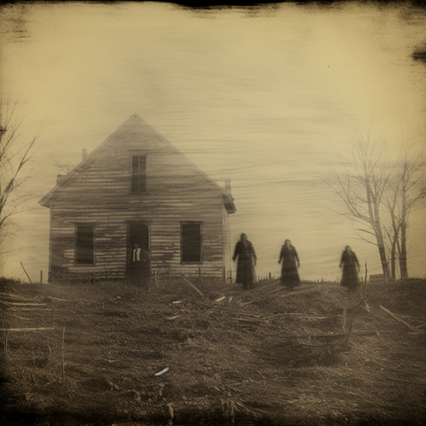 Three figures standing in a field beside a simple farmhouse