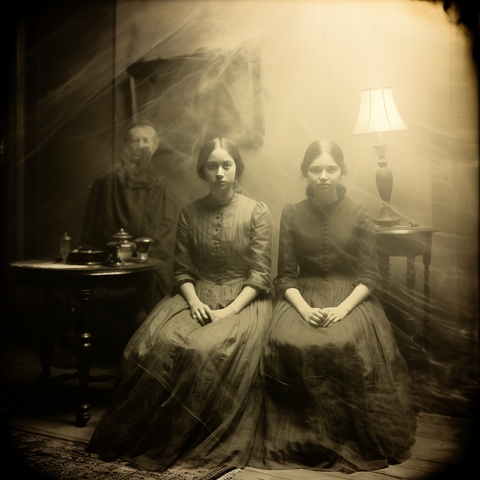 Two girls sit with hands folded, an indistinct figure is just behind them