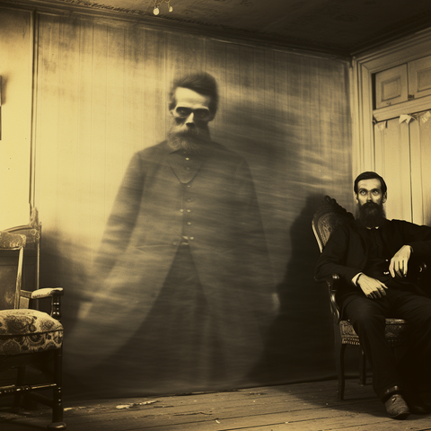 A larger-than-life-sized spectre of a bearded man is seen next to a seated bearded man