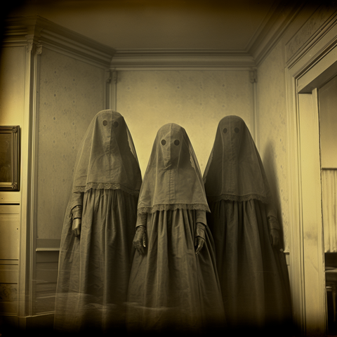 Three figures in black hooded dresses