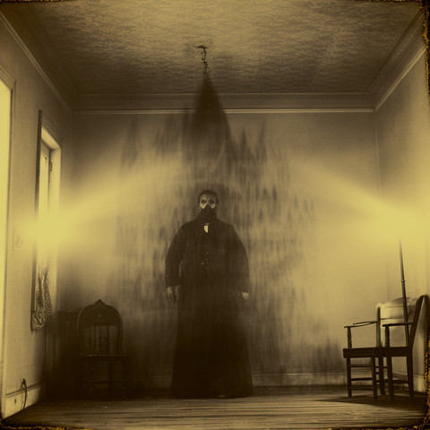 A man wearing a mask stands against a wall, pinned by beams of light against strange triangular markings