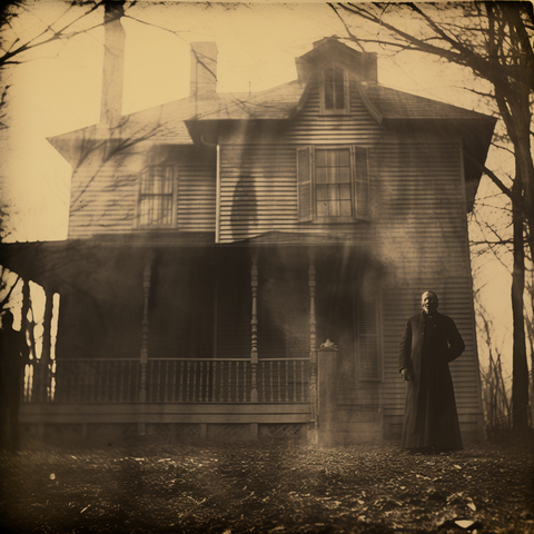 A mysterious masked figure in front of a wooden farmhouse