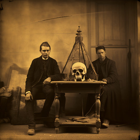 Two men pose with a large-than-life-size human skull on a table