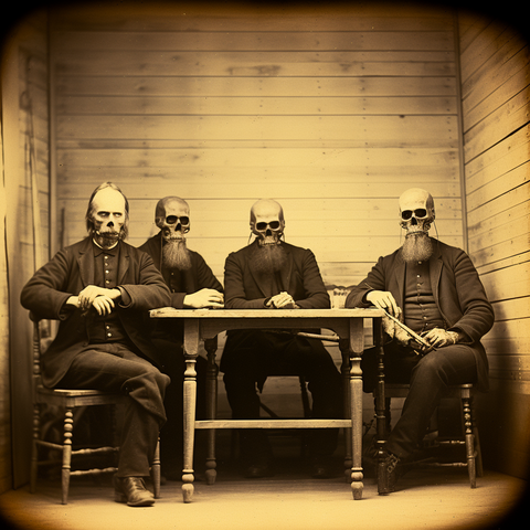 Four men seated around a table. They have skulls for faces