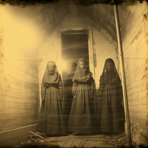 Four women dressed like veiled medieval nuns stand in a small storage room