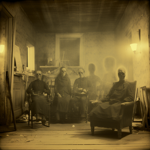 Four women sitting in a shabby parlour. They have skulls for faces