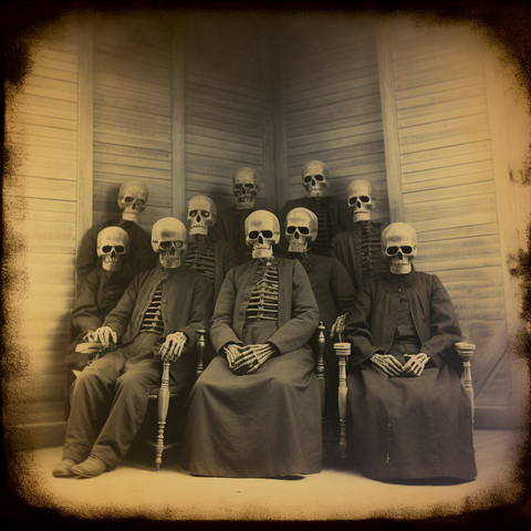 Clothed skeletons posing for a group portrait