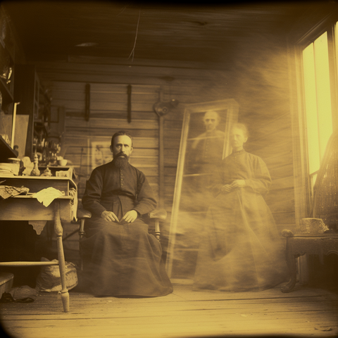 A black-cassocked priest sits in an attic with a ghostly woman and a ghostly figure in a full-length mirror