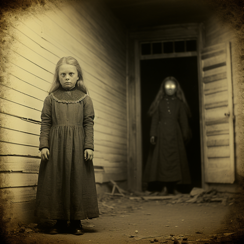 A sullen girl stands in the entranceway to a weathered house; a woman with glowing eyes stands behind her