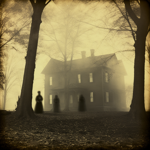 Three figures silhouetted against a house in the woods