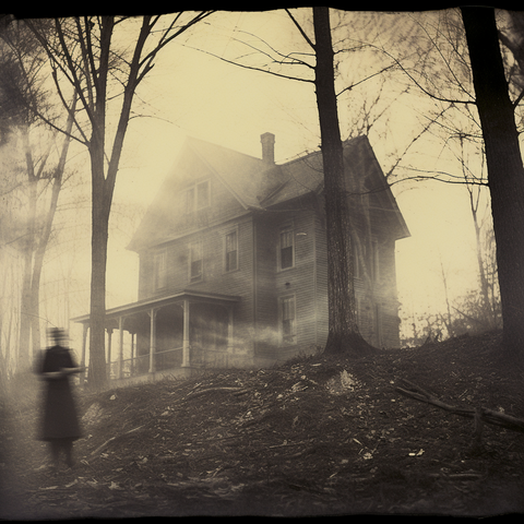 A blurred figure in front of a desolate house