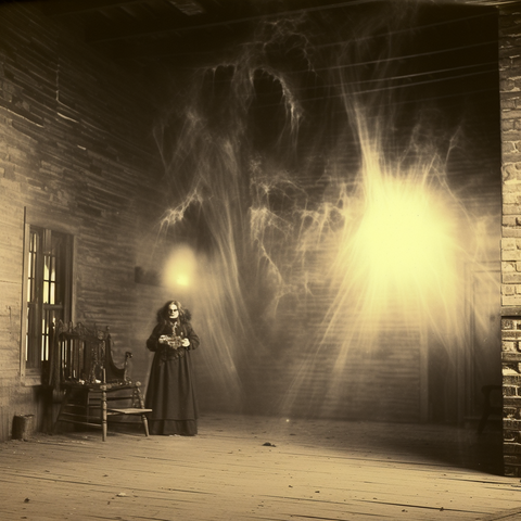 A mysterious lightform taking shape inside a large room as a strange woman in black watches