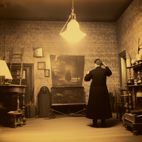 A woman reacts in dismay or surprise to a painting of a robed figure
