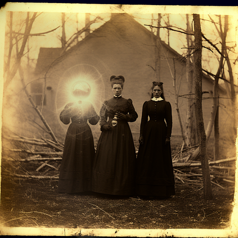 Three formally-dressed women pose stiffly in a copse outside a house. The head of one is envoloped by a metallic sphere of light