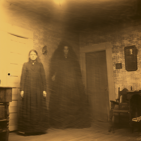 A woman stands, eyes closed, next to a tall woman with a dark aura