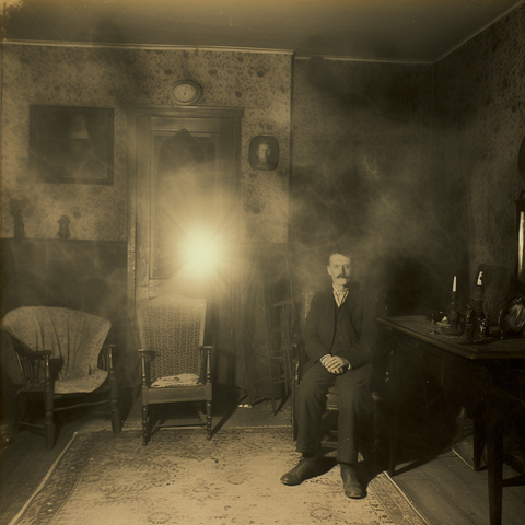 A man sits in a study as a ball of light floats past him