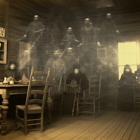 Multiple spirits float through a room