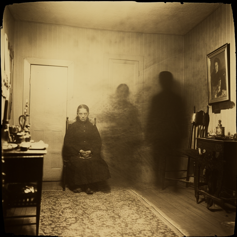 Three figures in a sitting room, one real, one fog, one shadow