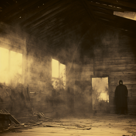 A shadowy figure with glowing eyes in a dusty room