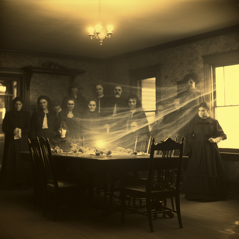 A group of people posing around a dining table, connected by a web of light to a glowing orb