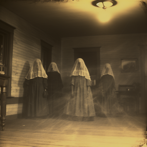 Four women stand with shrouds over their heads