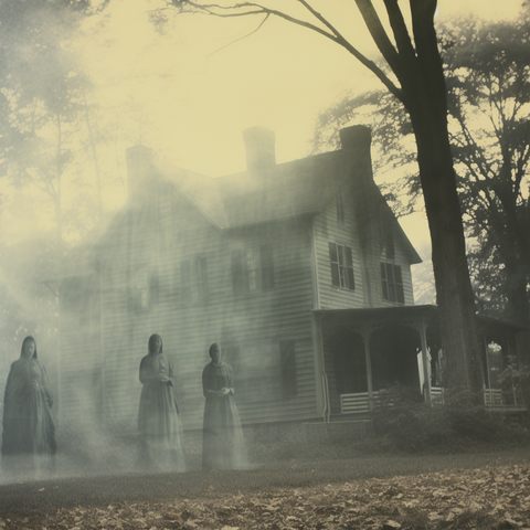 Three ghostly figures outside a large wooden house in autumn