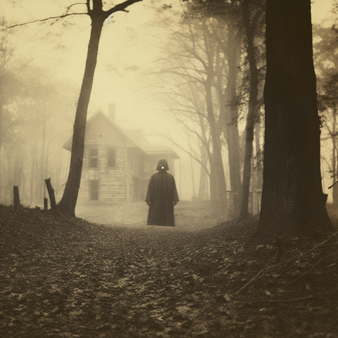 A hooded figure with a single glowing eye stands in front of a lonely house in the woods
