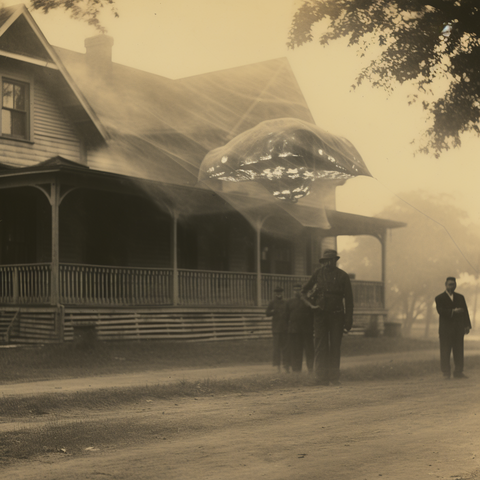 A number of people pose in front of a house, with a glowing aerial creature hovering above them