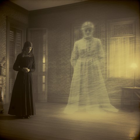 A young woman stands with head bowed in a room next to a large ghost woman