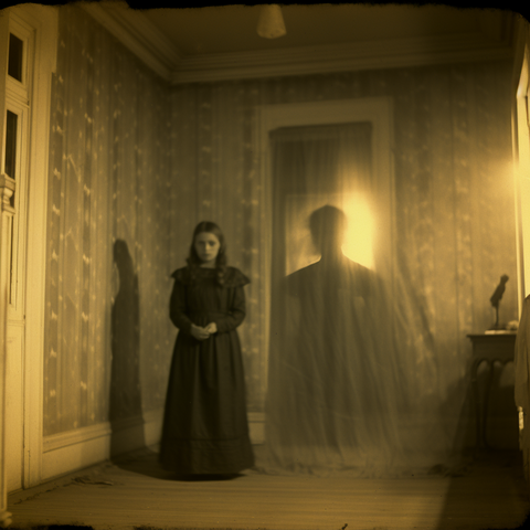 A young woman stands in a room. Her shadow is visible along with the shadow of somebody else