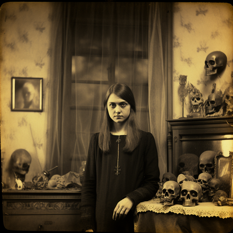 A young woman and her collection of human skulls