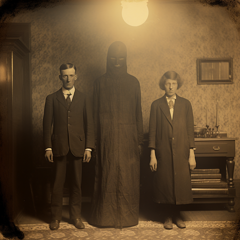 Three people pose for a portrait, one of whom is completely covered in a black robe