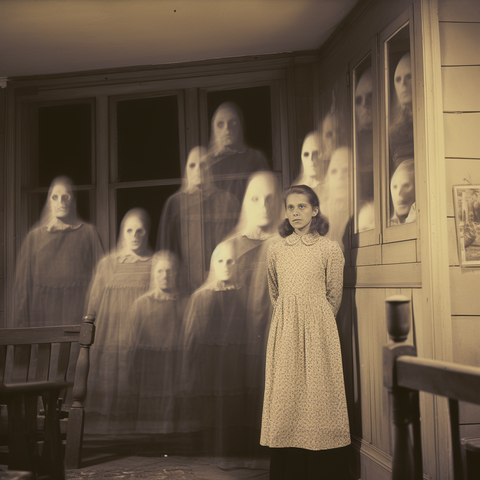 A woman in a room with many ghosts