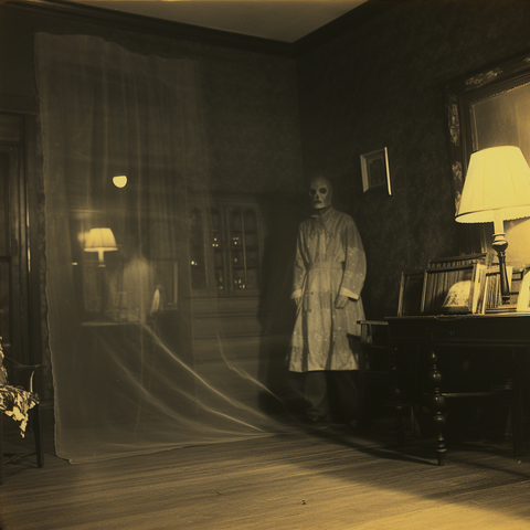 A skeletal figure stands in the corner of a room