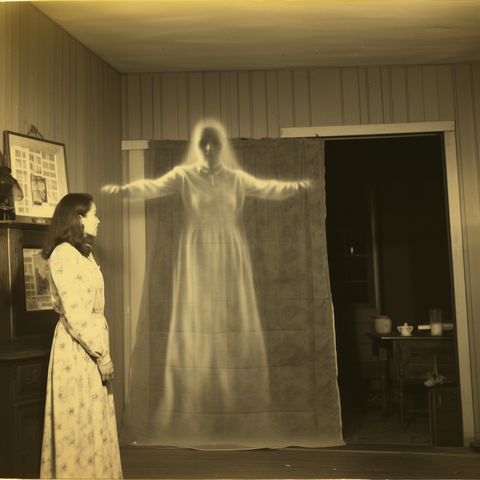 A young woman stands and looks at a free floating full torso vaporous apparition